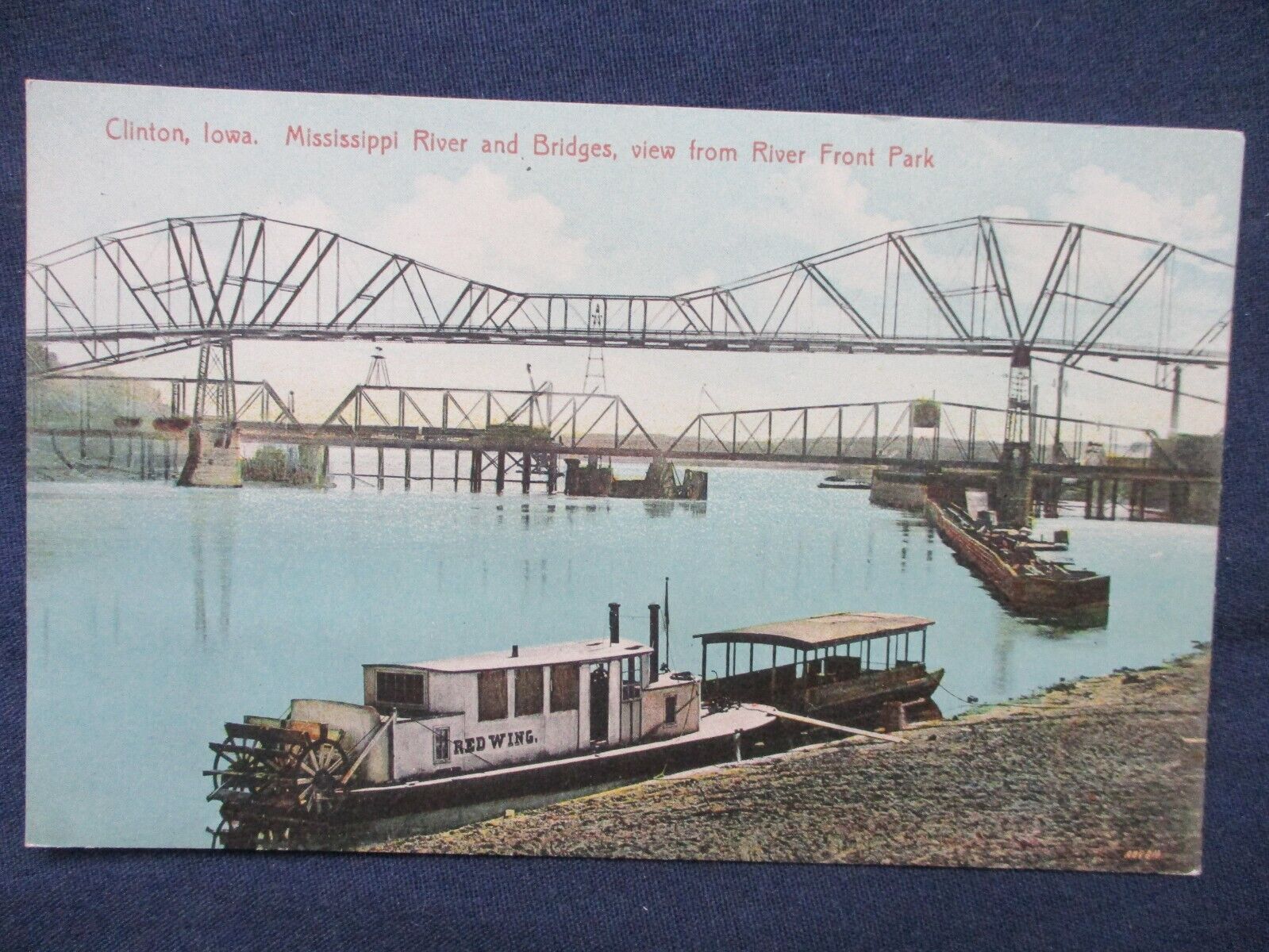 1910s Clinton Iowa Mississippi River Bridges Boats Steamer Red Wing Postcard