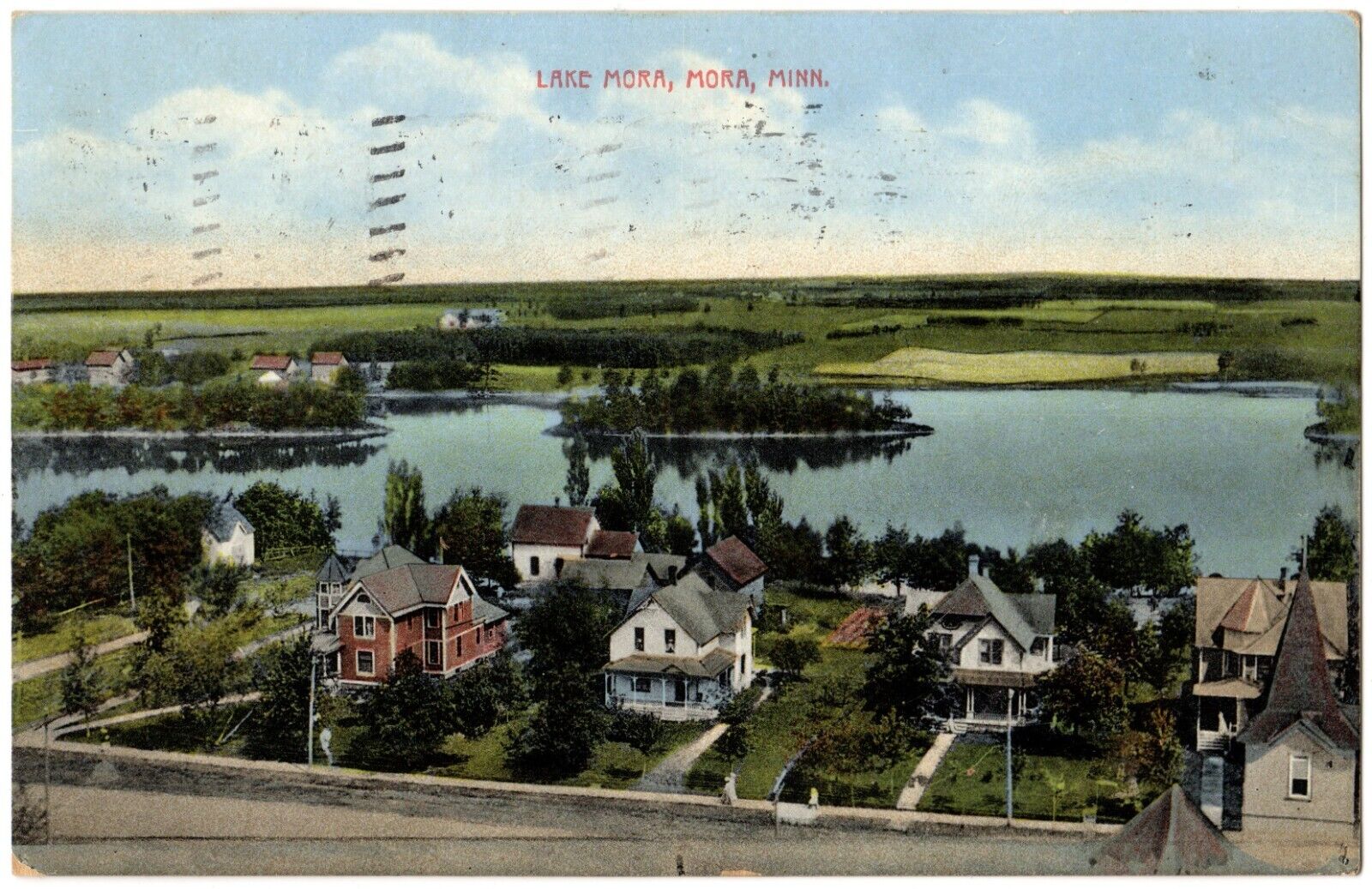 MORA, MN Bird\'s Eye View Lake Mora, Lakeshore Residences Minnesota Postcard 1913