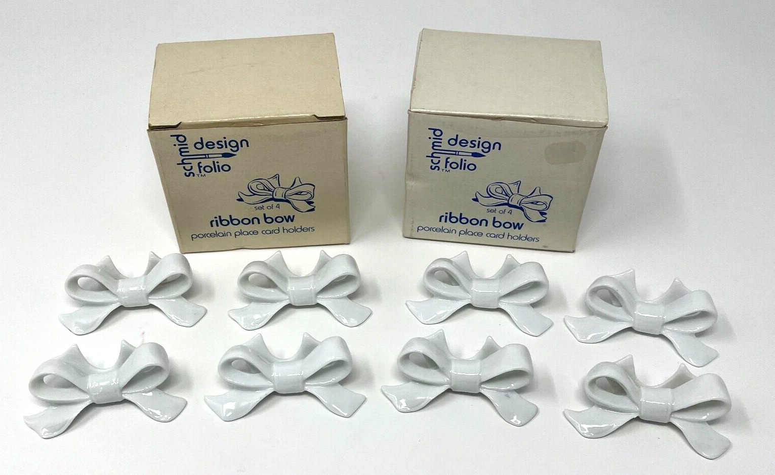 8 Vintage Ribbon Bow Porcelain Place Card Holders 1976 Betty St. John Boxes