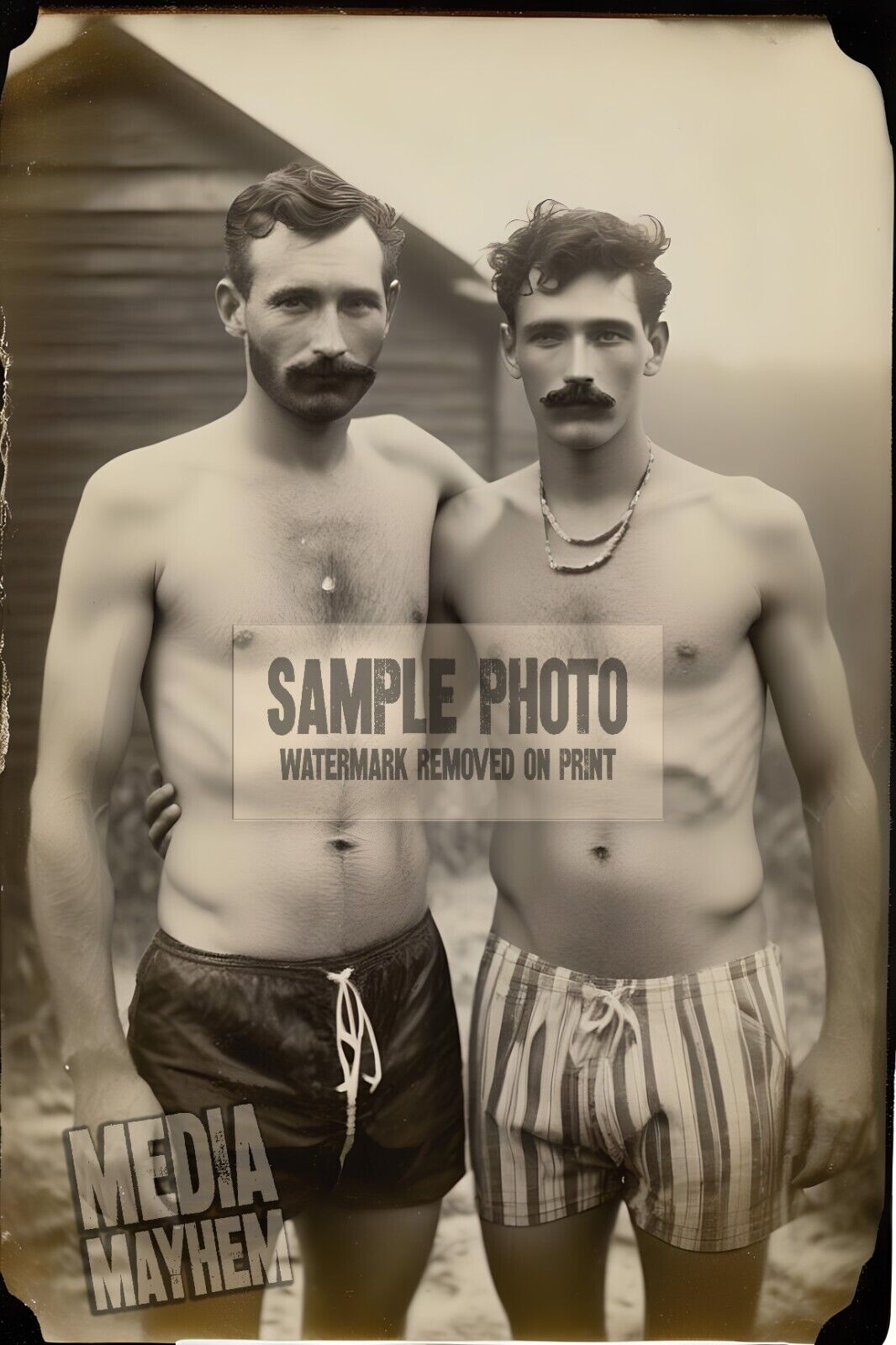 Two Young Mustache Men Swim Suit Shirtless Print 4x6 Gay Interest Photo #107