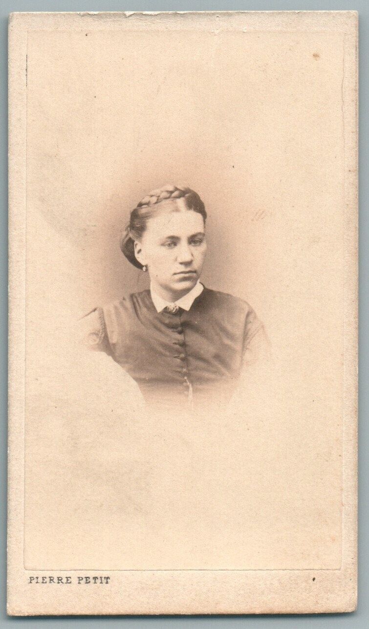CDV 1870 Woman with Braided Bun. Portrait of Pierre Petit Paris. Woman w/hair bun