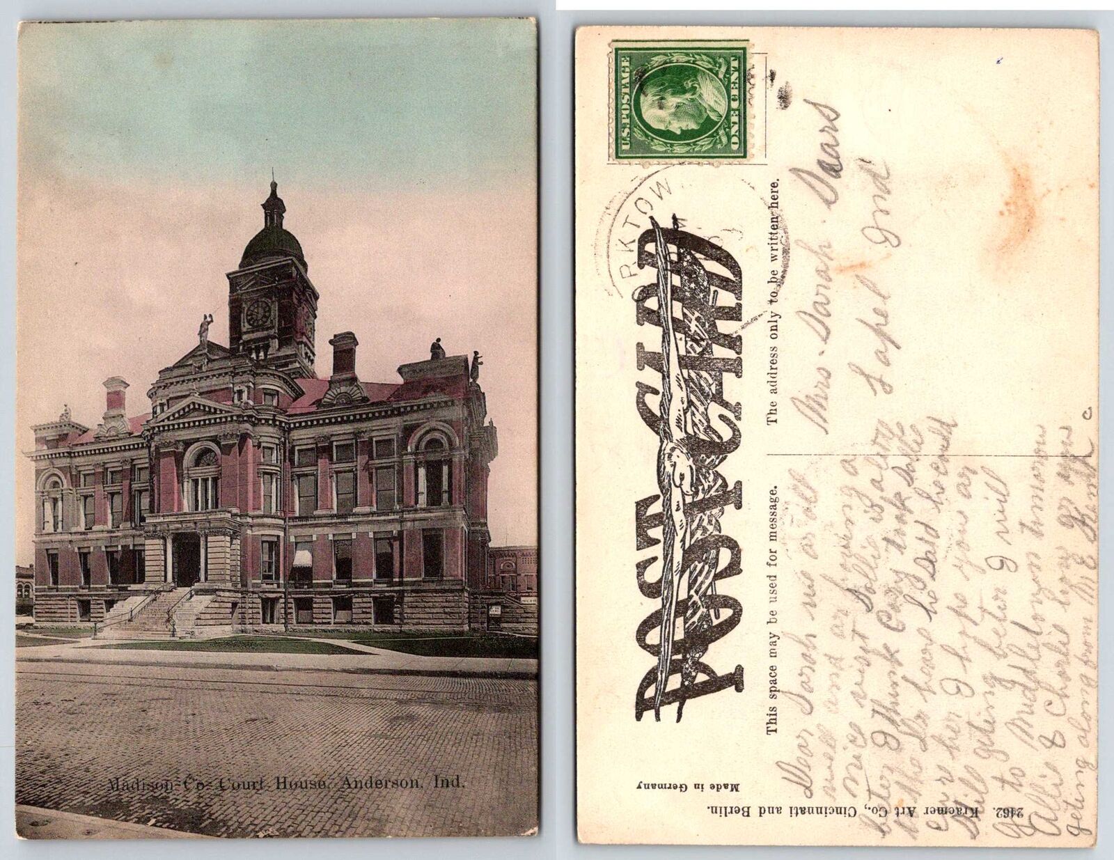 Anderson Indiana MADISON COUNTY COURT HOUSE Hand Tinted Postcard k35