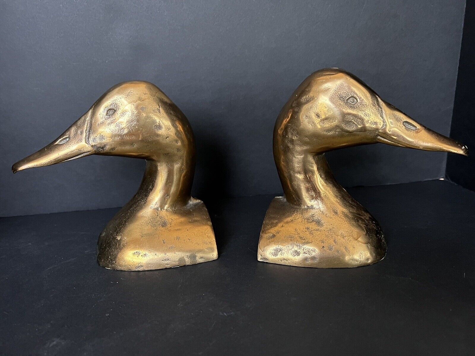 Rare Brass w/Hammering Duck Head Mallard Bookends Vintage Mid Century Modern MCM