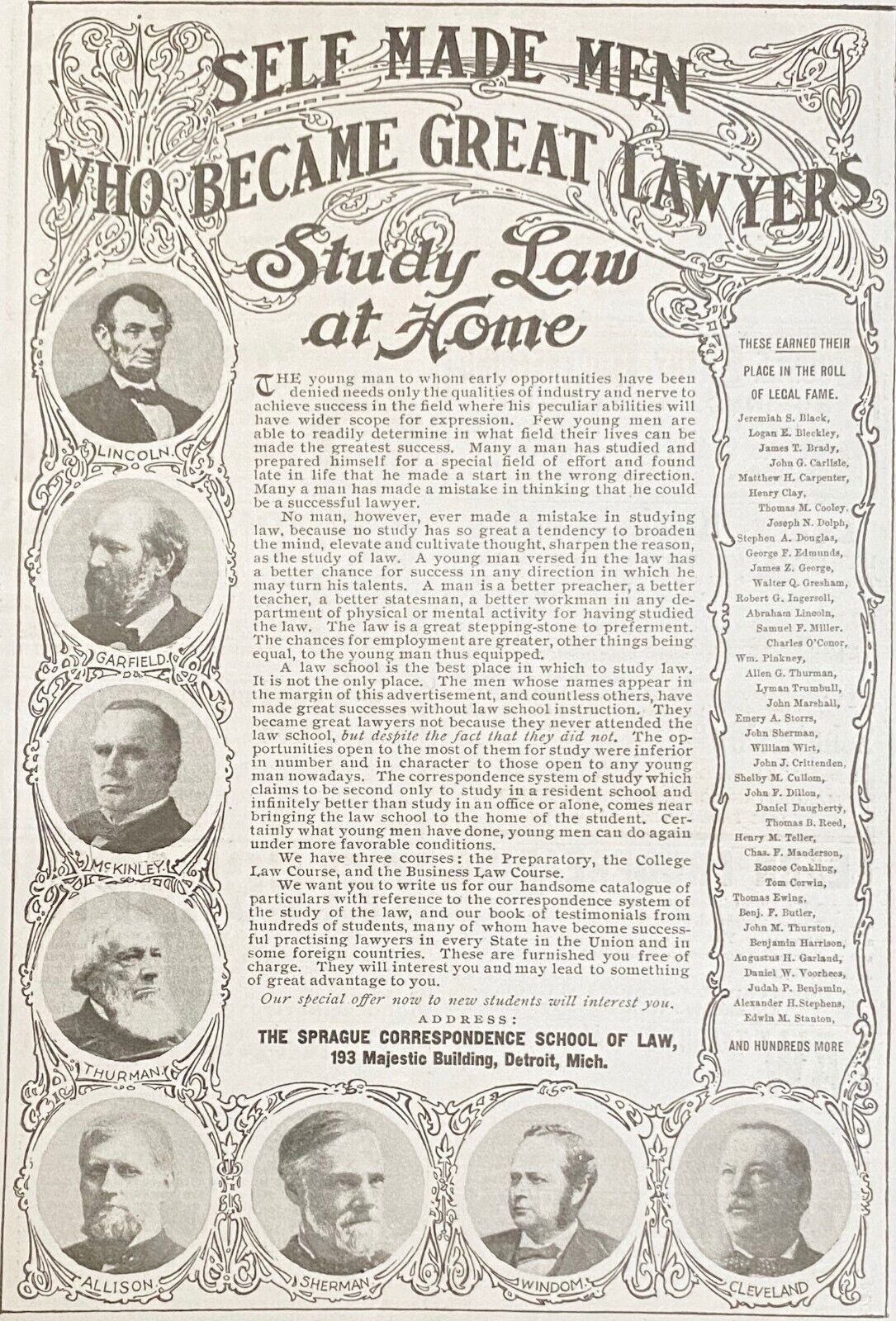 1901SPRAGUE LAW SCHOOL Vtg Photo Print Ad~US President Lawyers Lincoln McKinley+