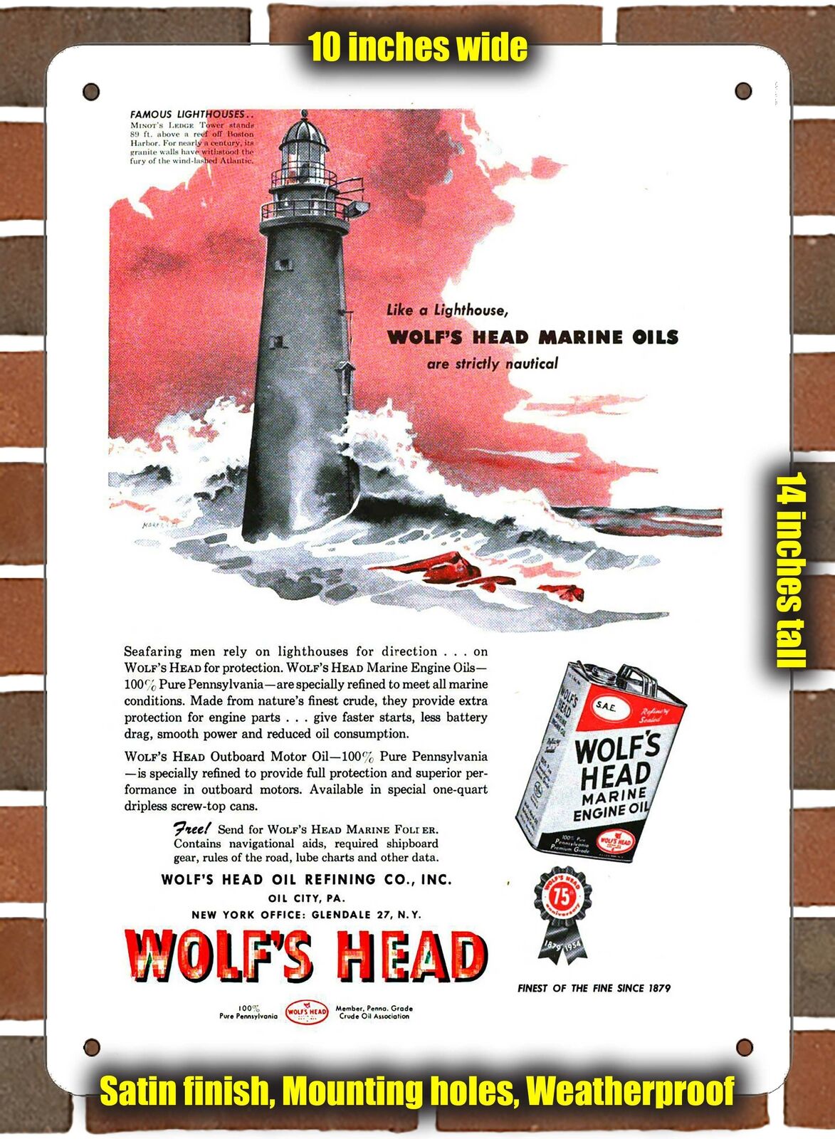 Metal Sign - 1954 Wolf\'s Head Nautical Marine Engine Oil- 10x14 inches