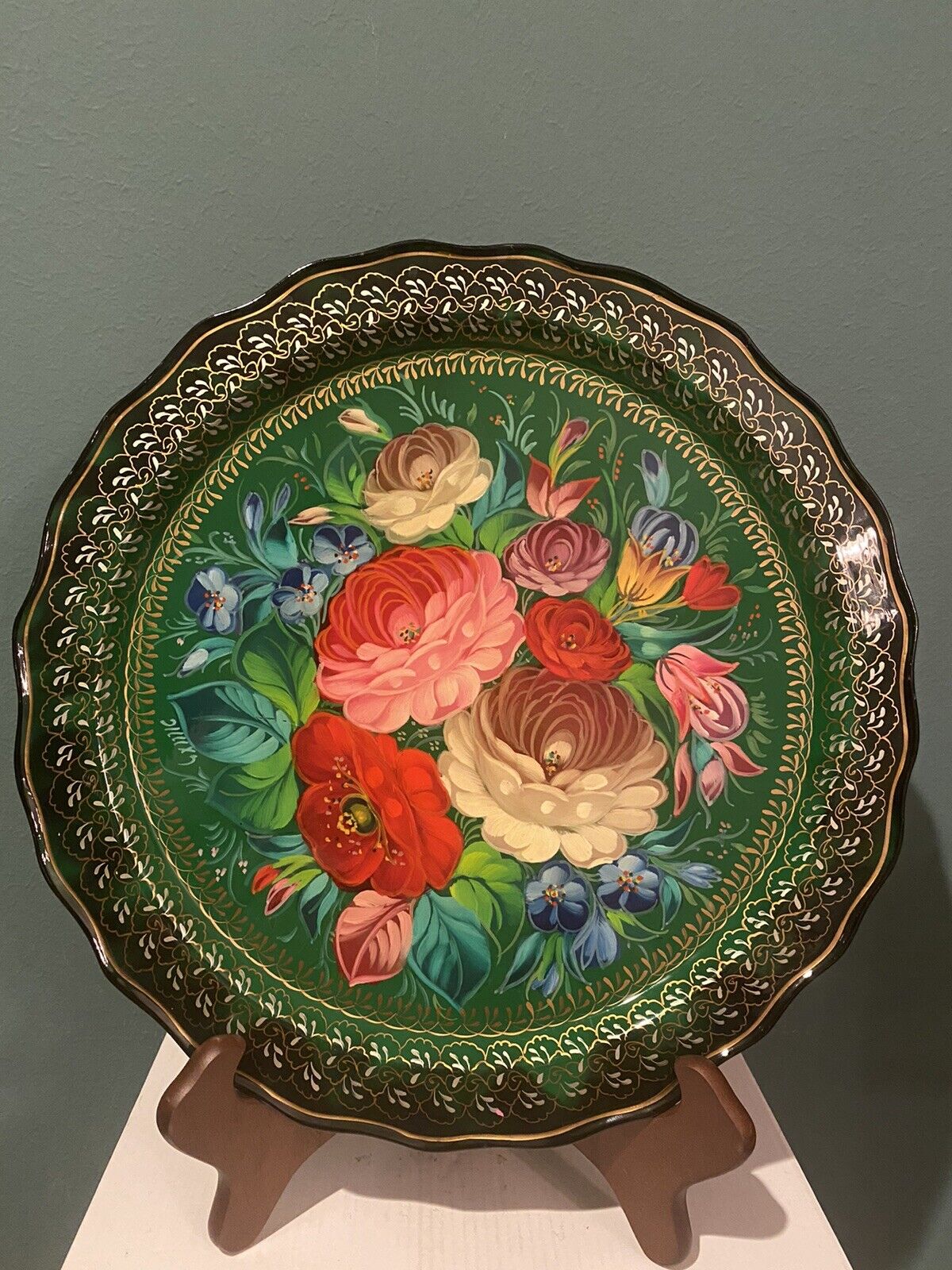 Vtg Zhostovo Russian Hand Painted Metal Tray Platter Rose Flowers ~12” Signed