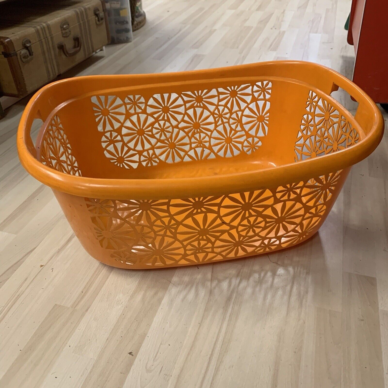 Vtg 60s MCM Sulo Laundry Basket Orange Open Floral Lace by Luigi Colani Design