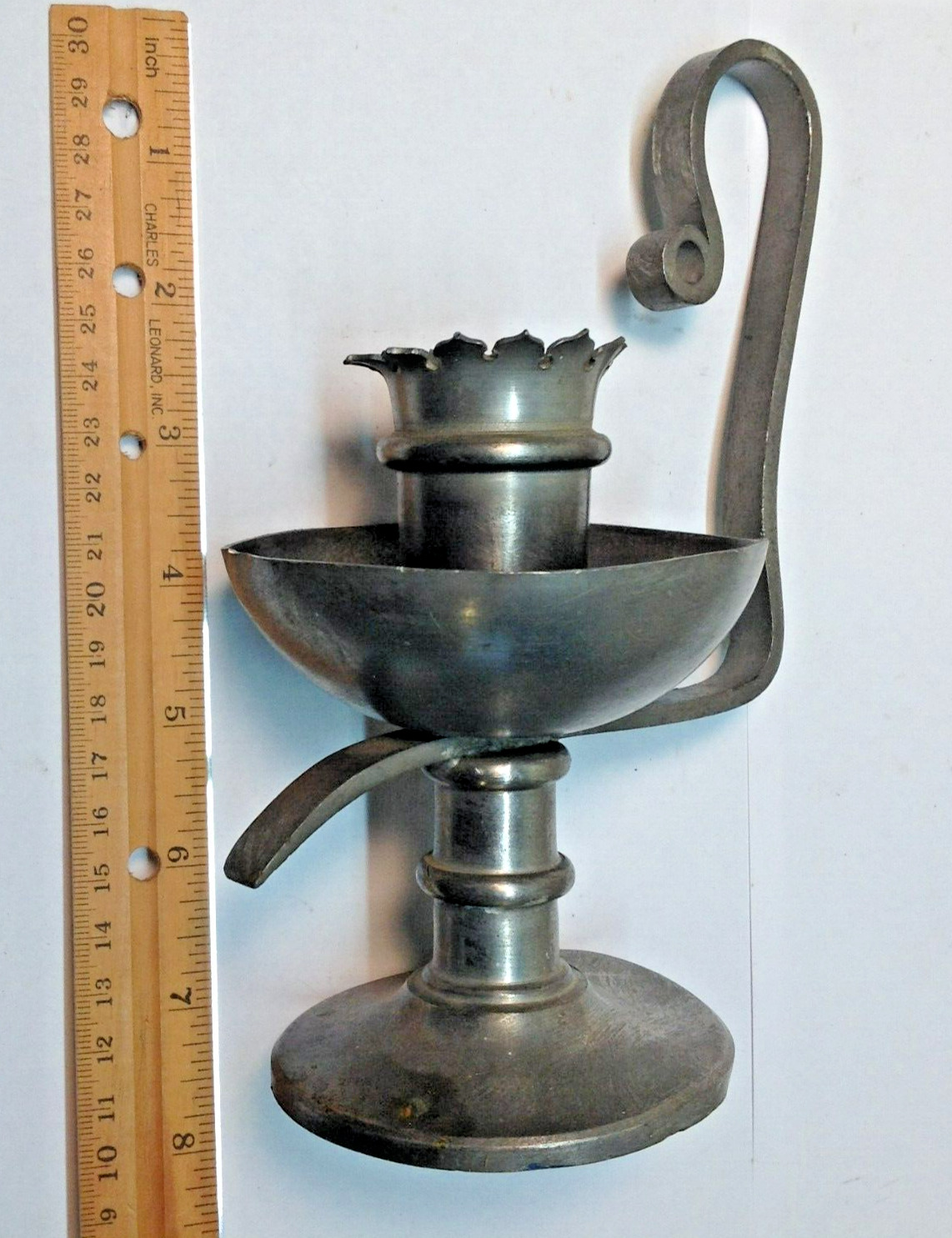 Pewter Chamberstick Candle Holder Vintage Unmarked Slightly Misshaped But Cool