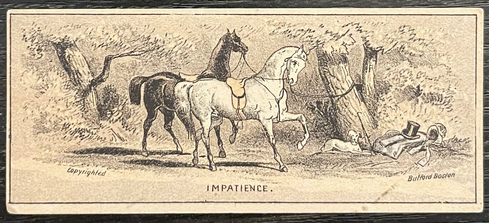 1880’s Vintage Bufford Boston Trade Card Horses “IMPATIENT”