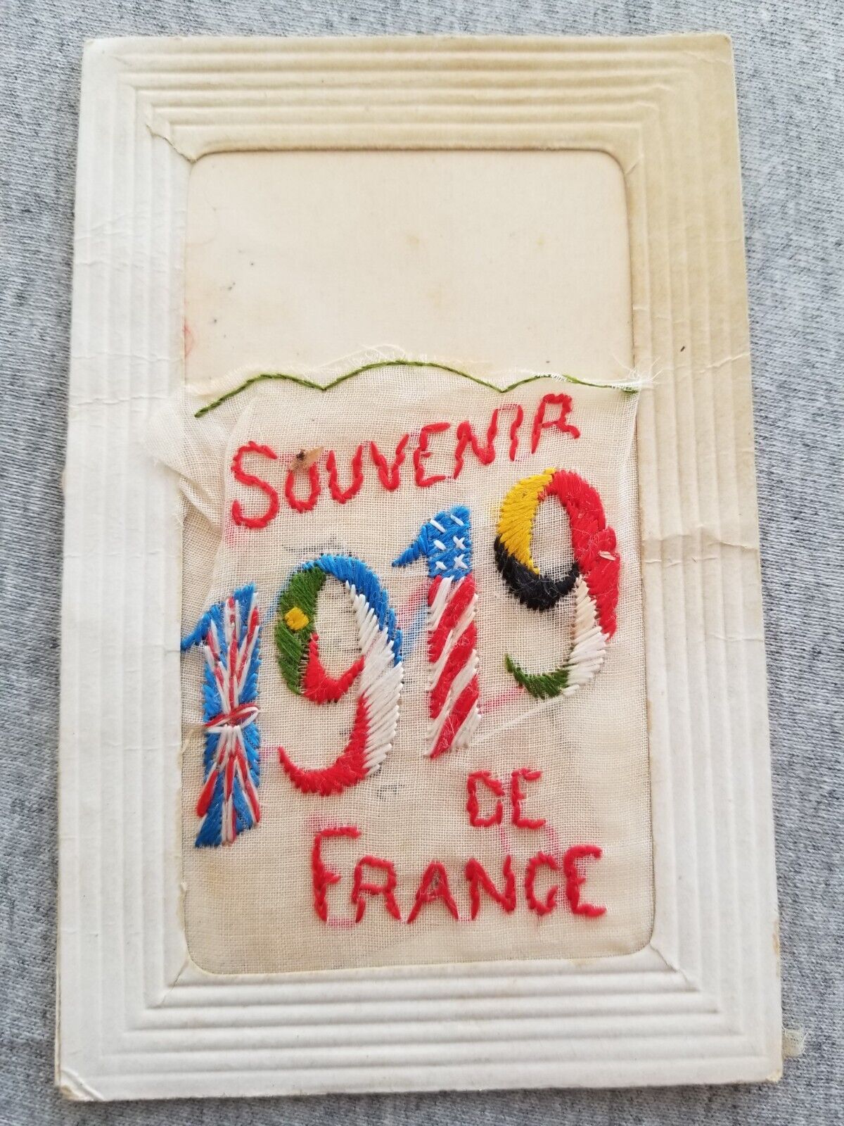 WWI 1919 Souvenir De France Embroidered Pocket Postcard Forget Me Not Card