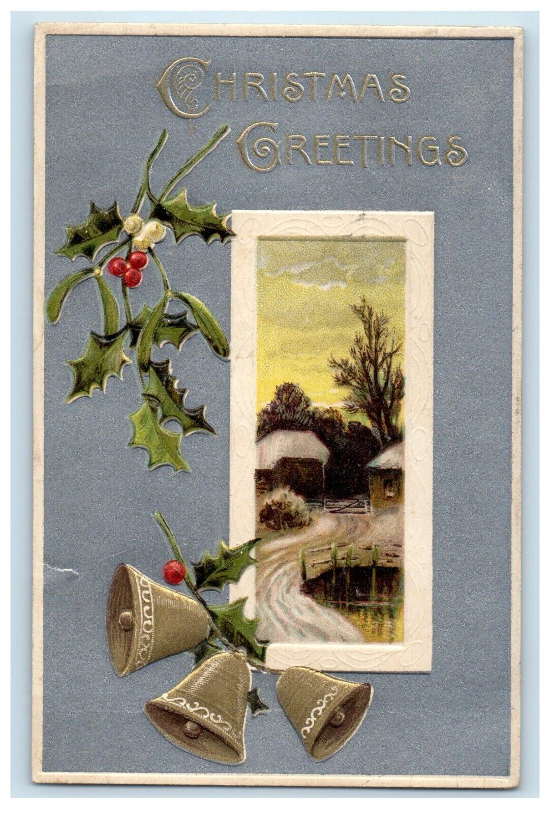 1909 Christmas Greetings Holly Bells Winter Snow Hut Embossed Antique Postcard