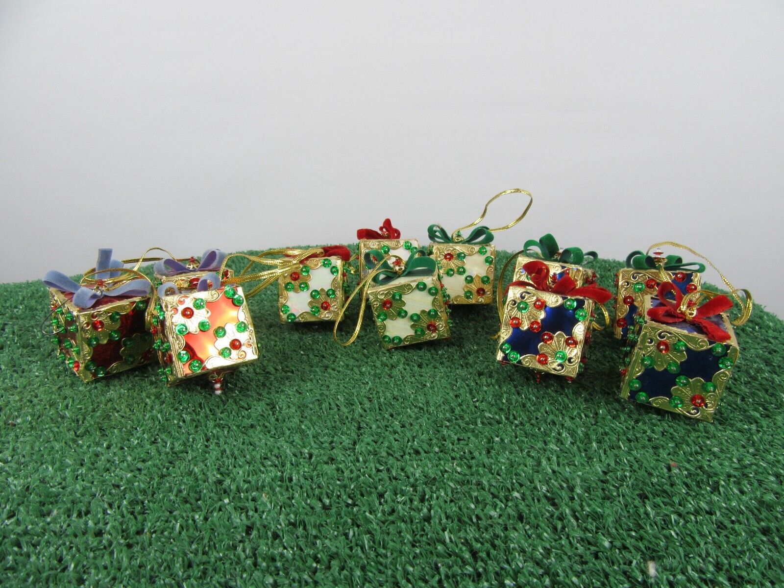 Set of 11 Vintage Walco Sequined Bead Mini Gift Box 3 Color Christmas Ornaments