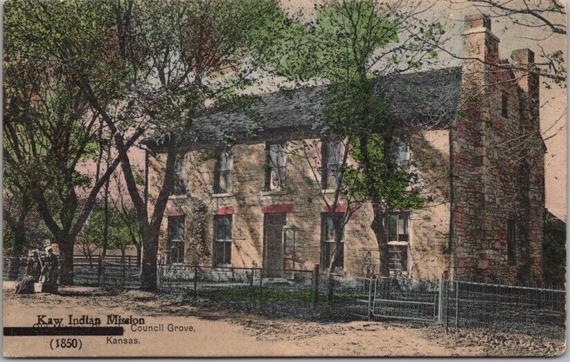 COUNCIL GROVE, Kansas Postcard KAW INDIAN MISSION Building View / Hand-Colored