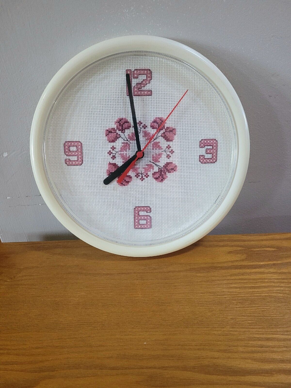 Cross Stitch Kitchen Wall Clock Decor Granny Vintage Cottage Core Needle Craft