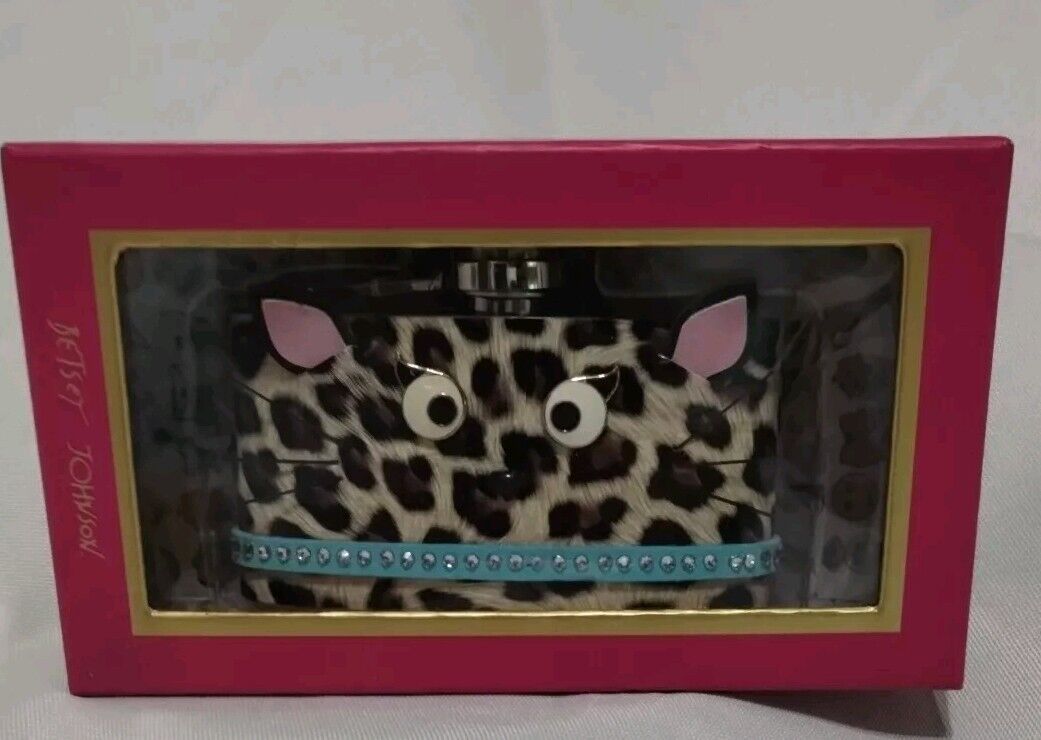 Betsey Johnson Leopard Kitty Cat Flask Gift Box Silver tone