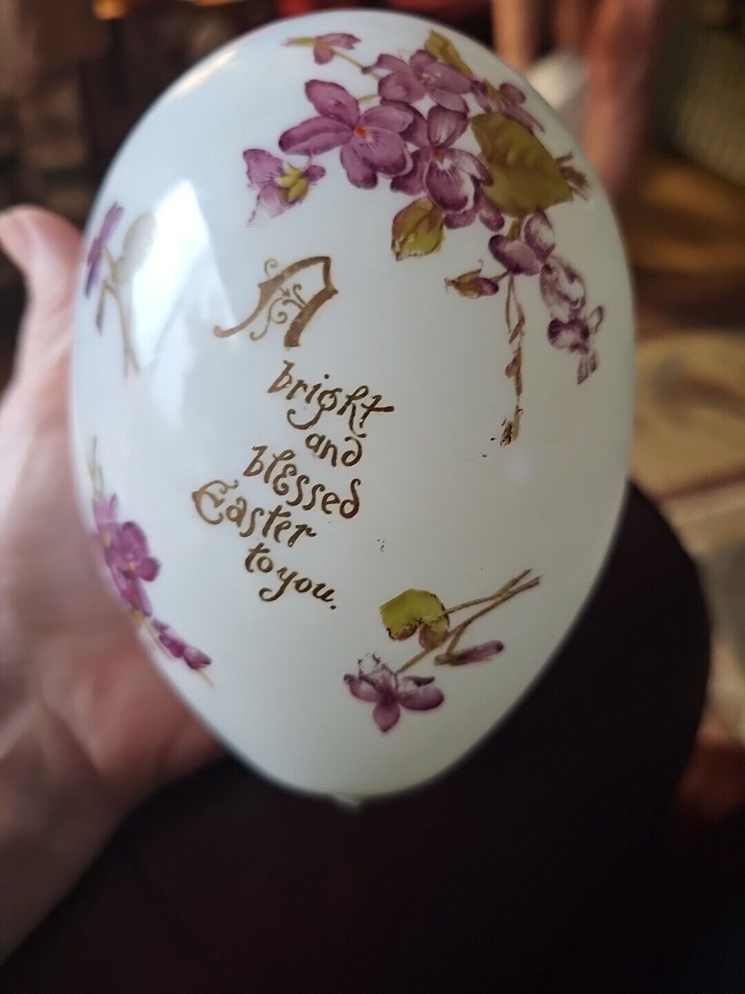19thc VICTORIAN Era Blown Glass Easter Egg Hand  Painted EASTER GREETING 