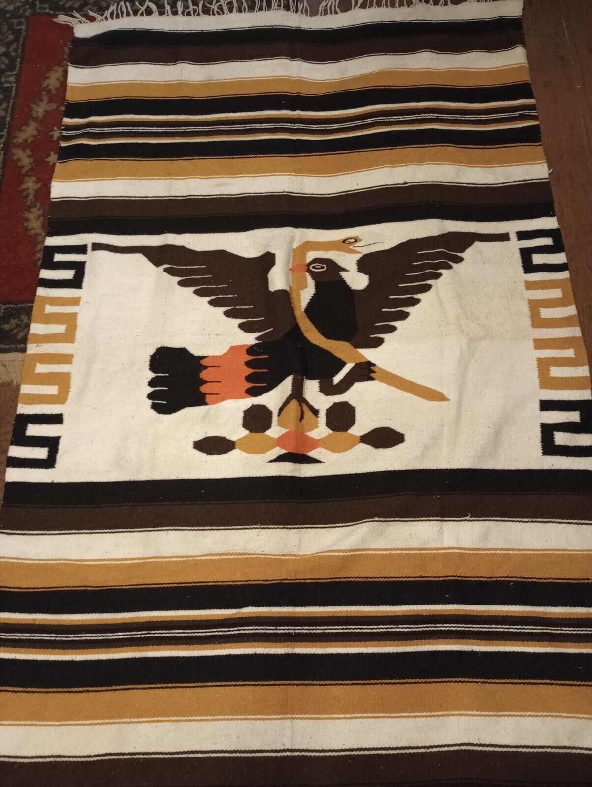 Vtg Handmade Woven Mexican Southwestern Bird Wool Blanket /Rug  77x48