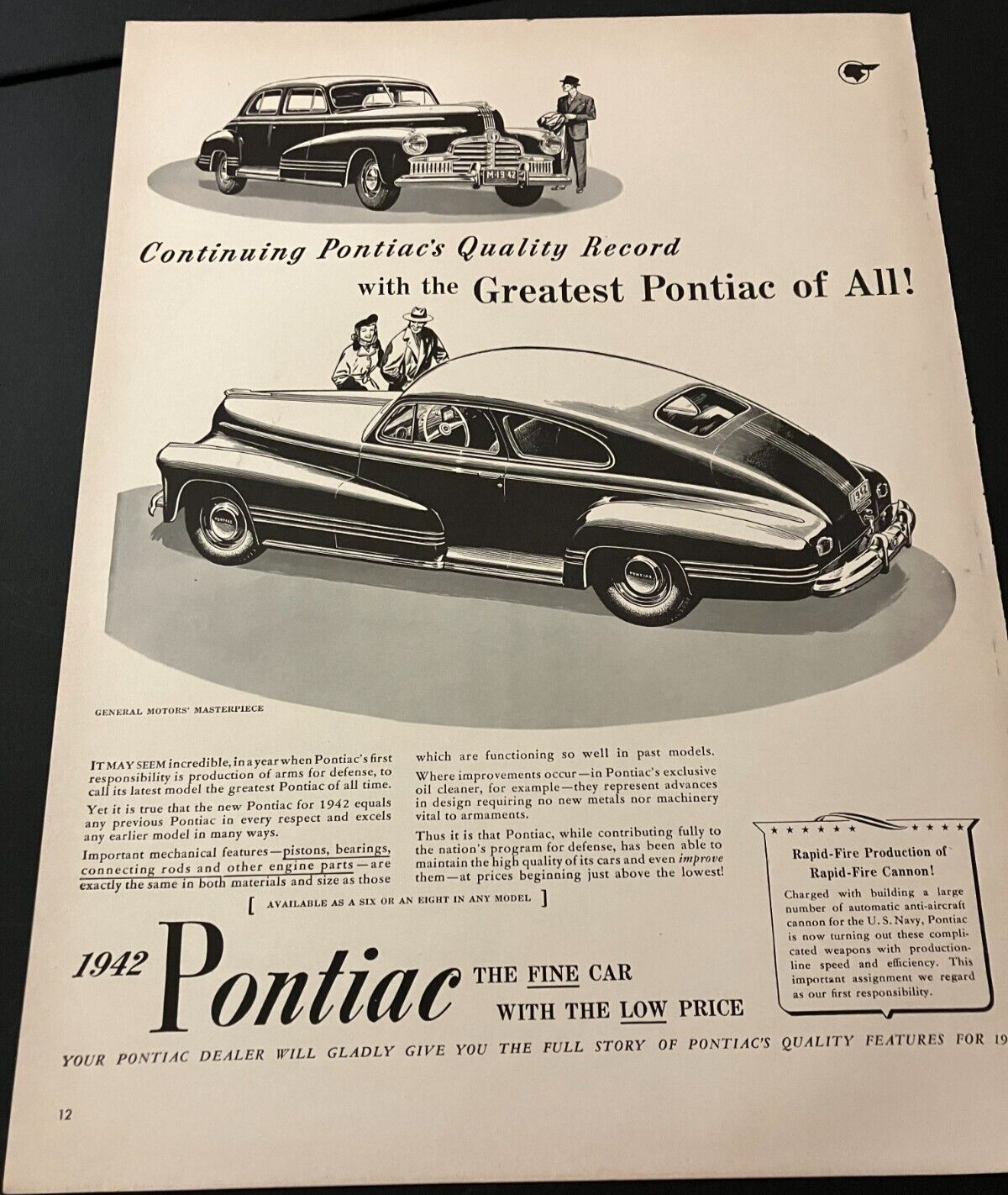 1942 Pontiac Torpedo - Vintage Original Print Ad / Wall Art - WW2 Era - CLEAN