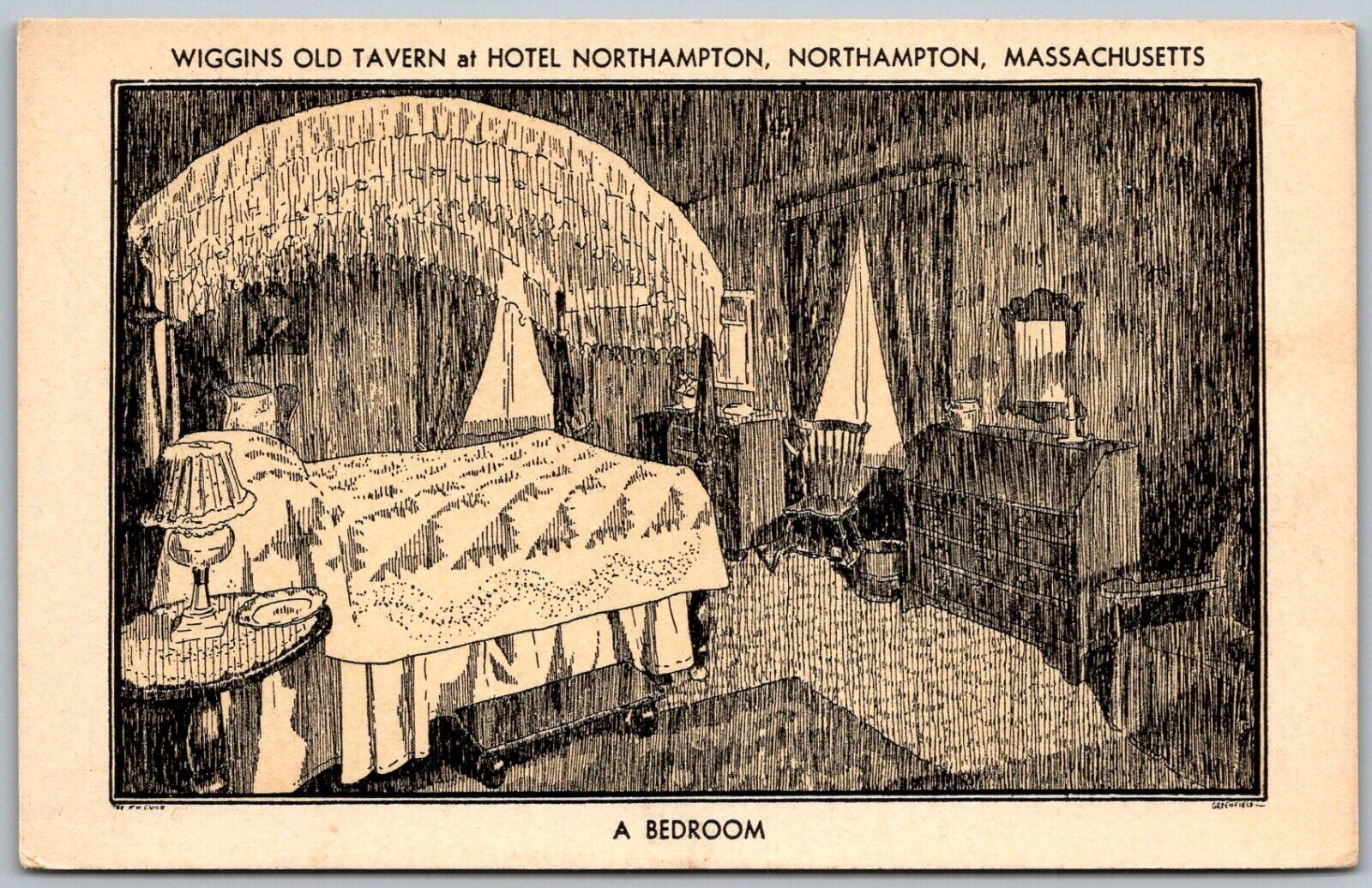 Northampton Massachusetts 1930s Postcard Wiggins Old Tavern Hotel Bedroom