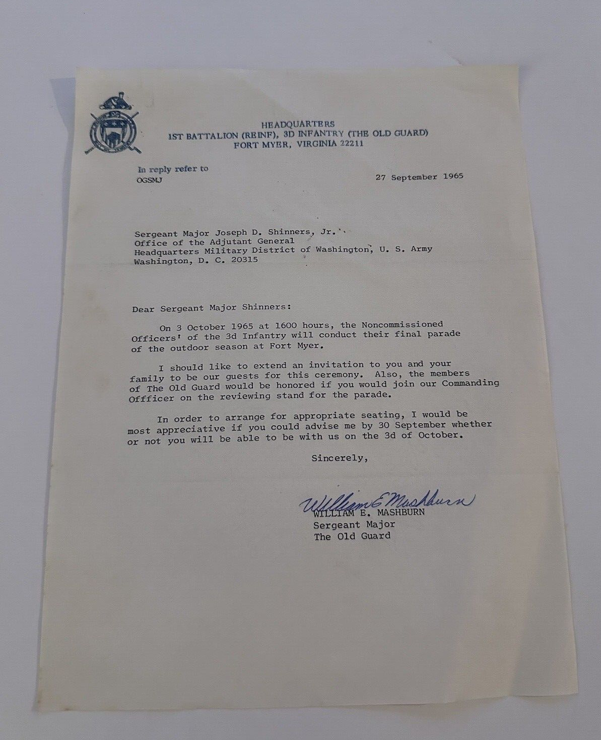 1965 Fort Myer 1st Battalion Headquarters Correspondence to Sergeant Military