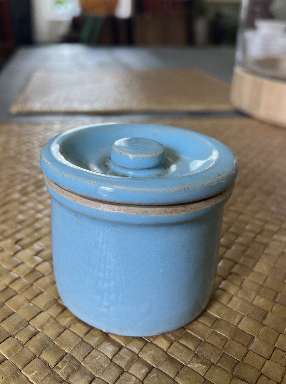 Vintage Blue Glaze Pottery Crock | Butter/Cheese Container Small