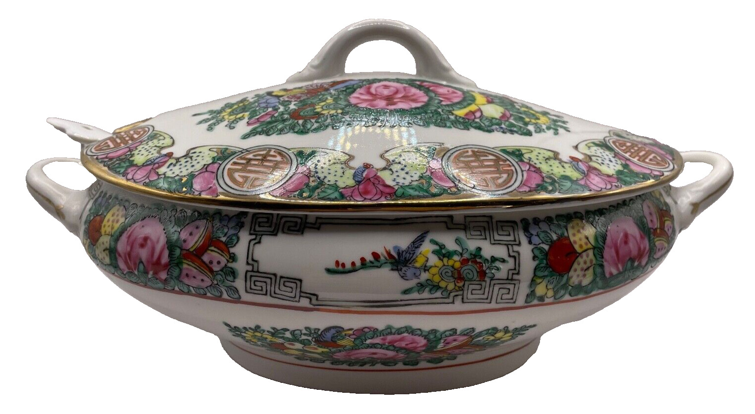 Vintage Hand Painted Rose Medallion Cantoon Greek Key Covered Soup Tureen