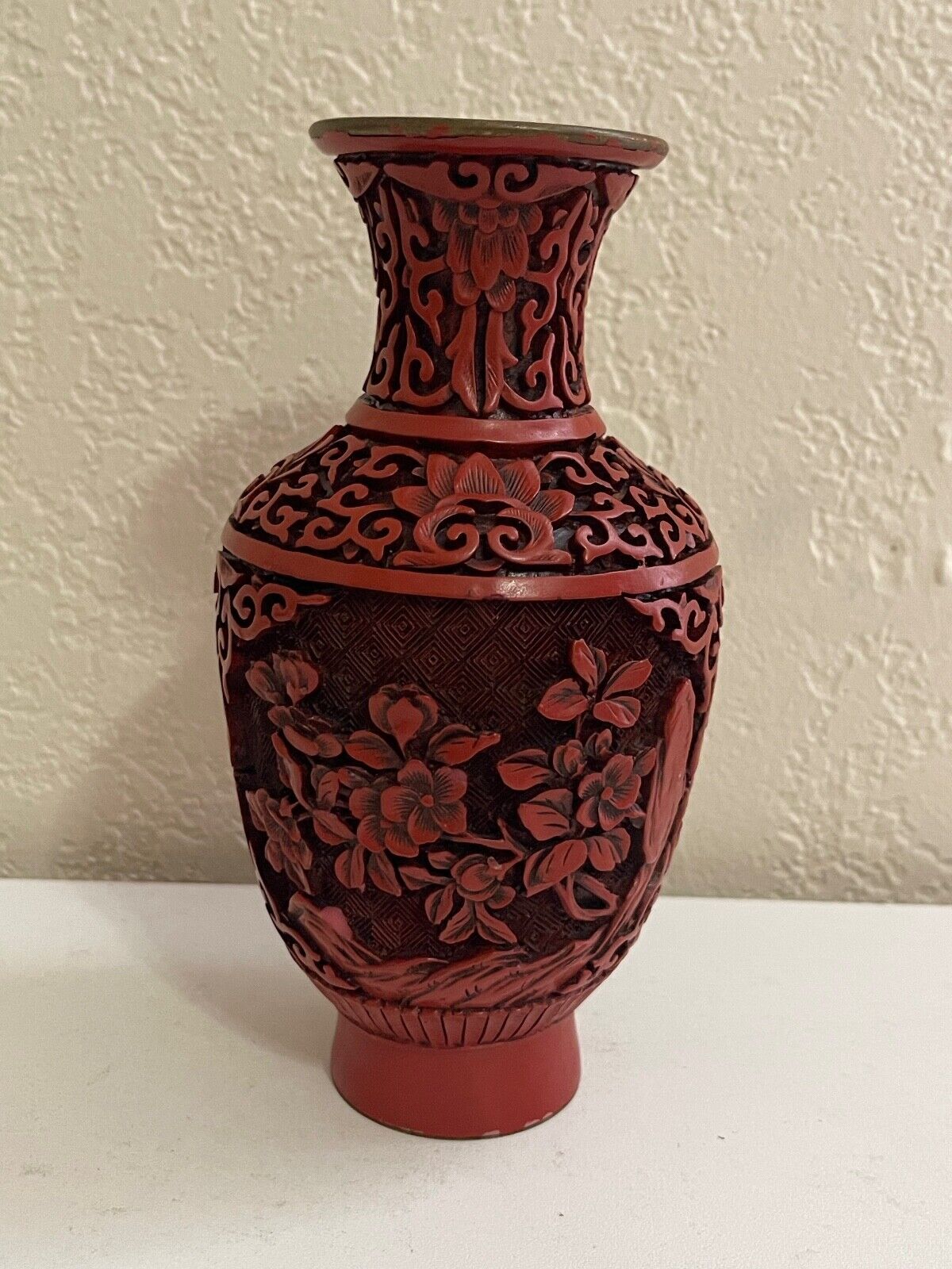 Vintage Chinese Cinnabar Vase w/ Floral Decoration