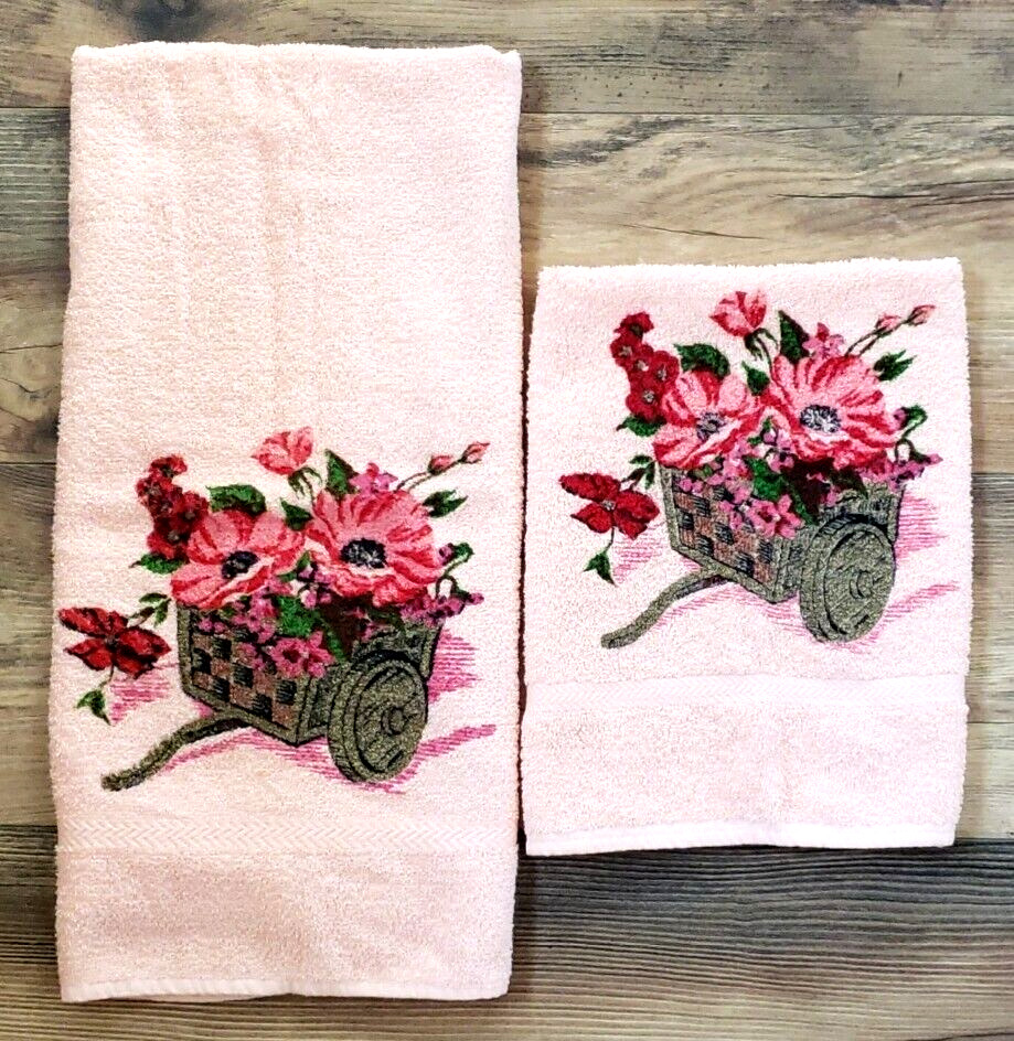 Cannon Vintage Pink Bath Hand Towels All Cotton Pink Flowers Made in USA