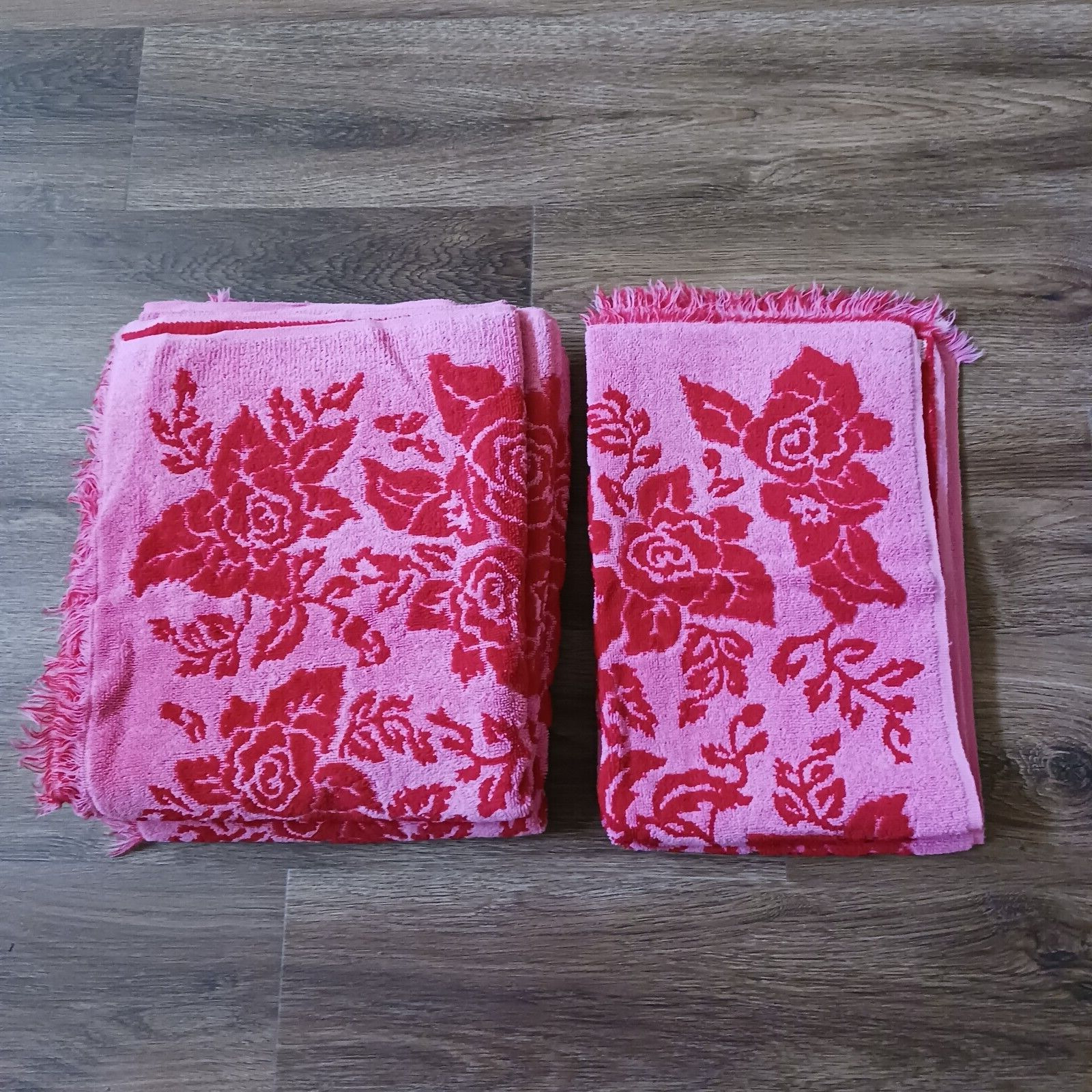 Vintage Callaway 2 Bath Towels 2 Hand Towel Set Red Pink Floral MCM