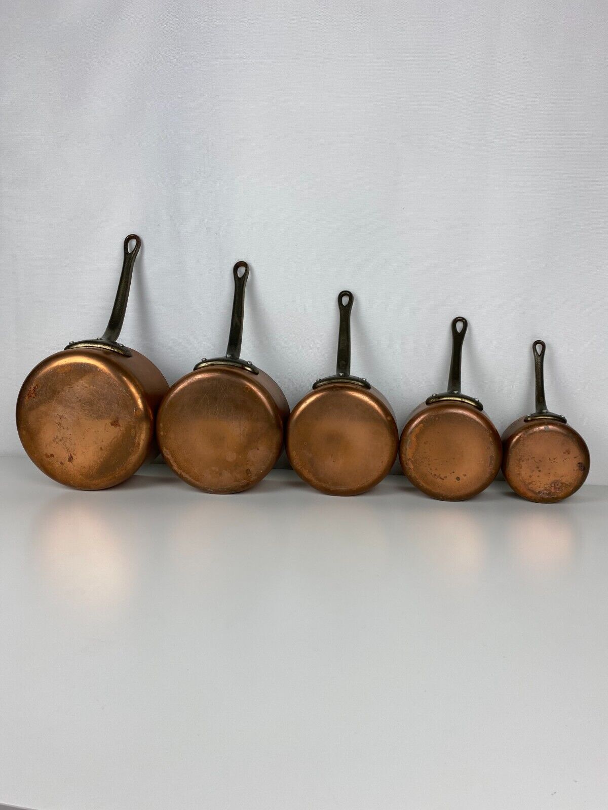 Lot of 5 Faucogney Copper Tinned Copper Pans Wrought Iron Handle