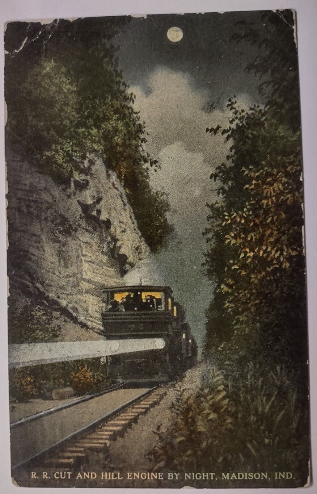 Vintage Rail Road Cut Hill Engine at Night Madison Indiana Postcard 1913