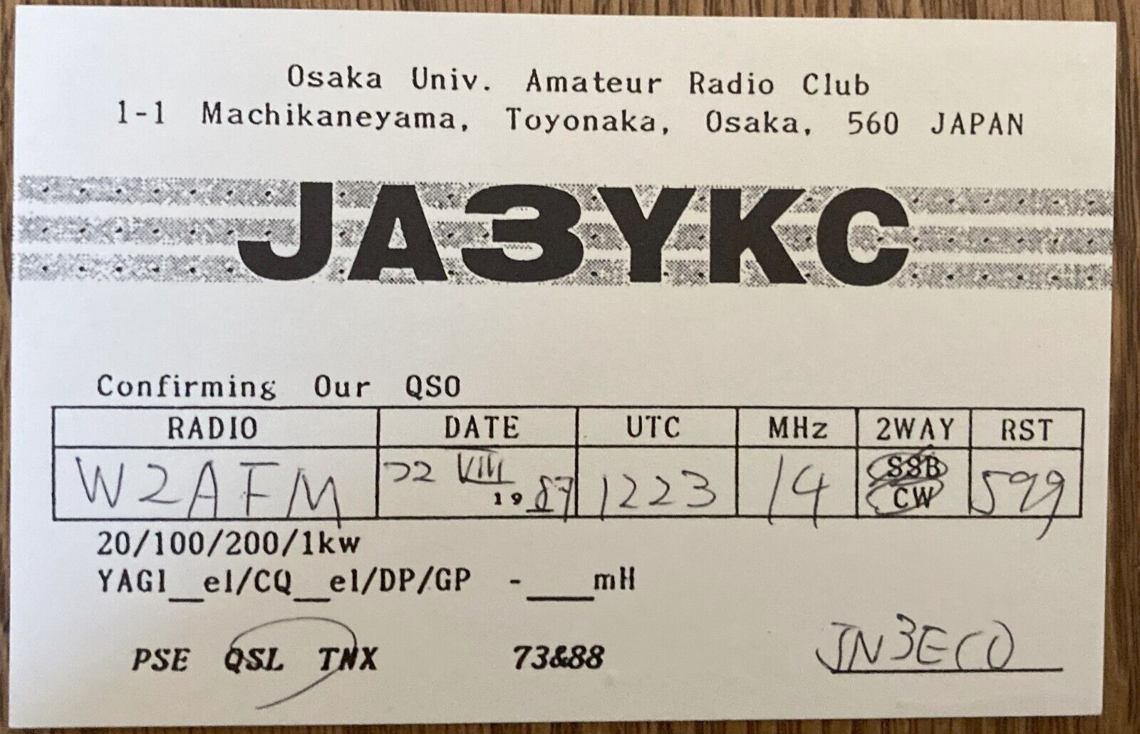 QSL Card - Osaka Japan  Osaka Univ. Amateur Radio Club  JA3YKC  1987  Postcard