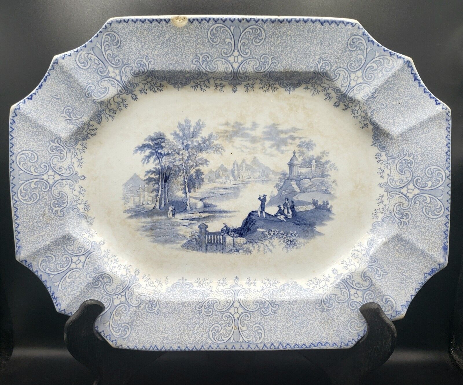 C. 1844 James Edwards Staffordshire Blue Transferware Platter AVENUE Pattern
