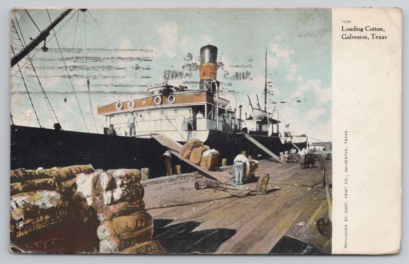 1908 Postcard Loading Cotton Galveston Texas Tx Ship