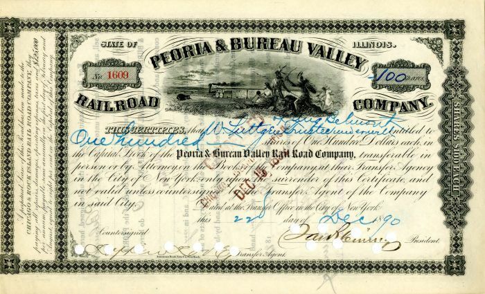 Peoria and Bureau Valley Railroad Co. issued to the will of August Belmont - Rai