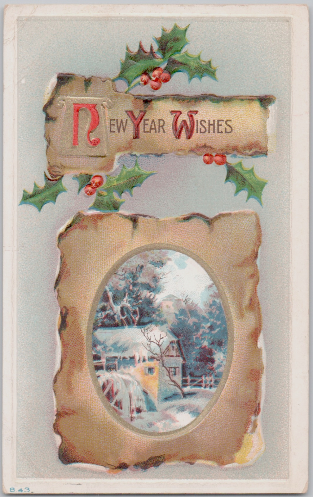 Vintage Happy New Year Wishes Holly House Snow Winter Embossed Antique Postcard