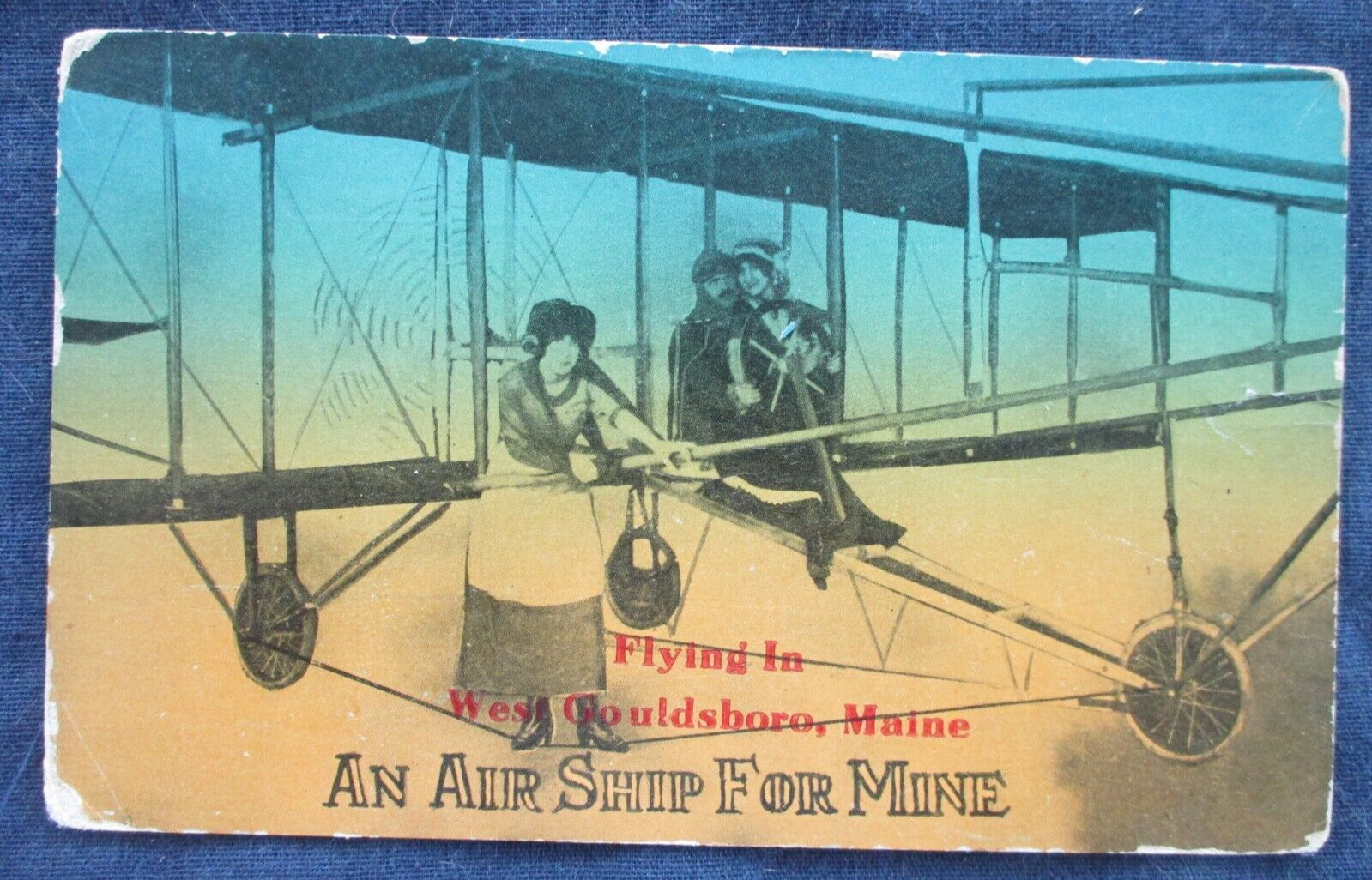 1914 West Gouldsboro Maine Airplane Romance Greeting Postcard & Cancel