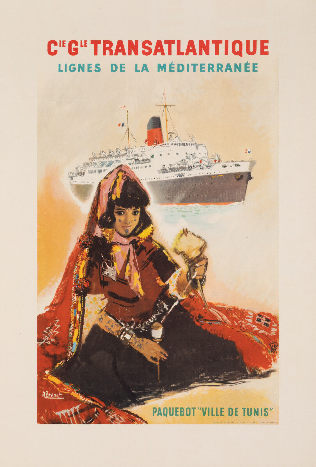 Original poster, Brenet, Cie Gle Transatlantique, Tunis liner, boat, 1955