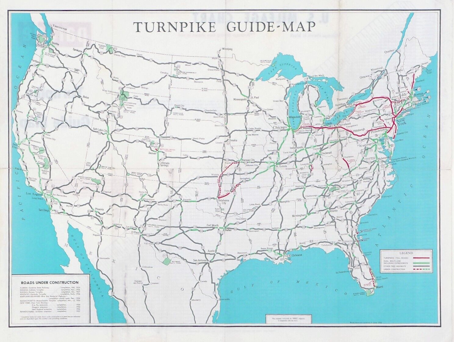 1950s Map of the Turnpike System, Interstate Highways, with Guidebook