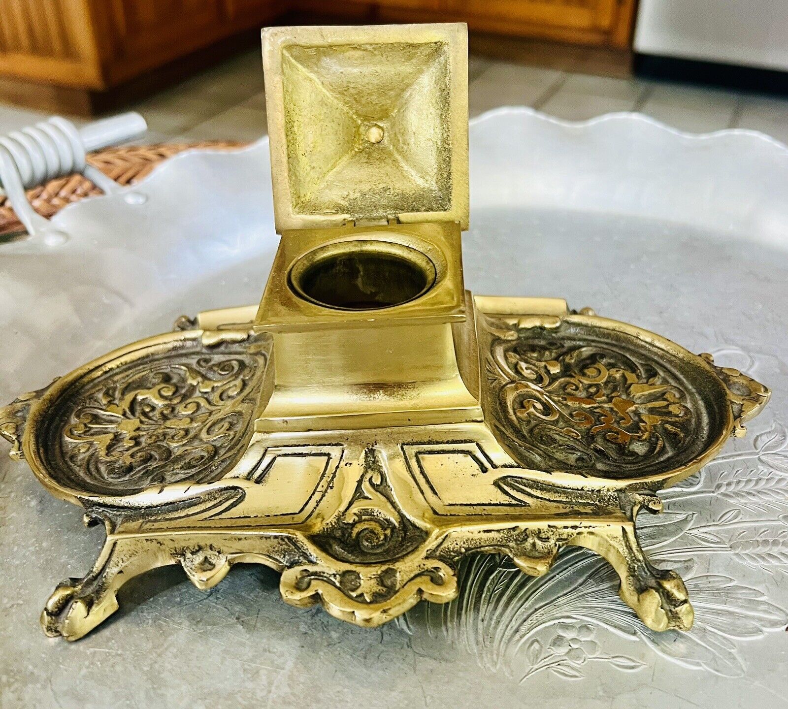 Vintage Solid Brass Ornate Inkwell