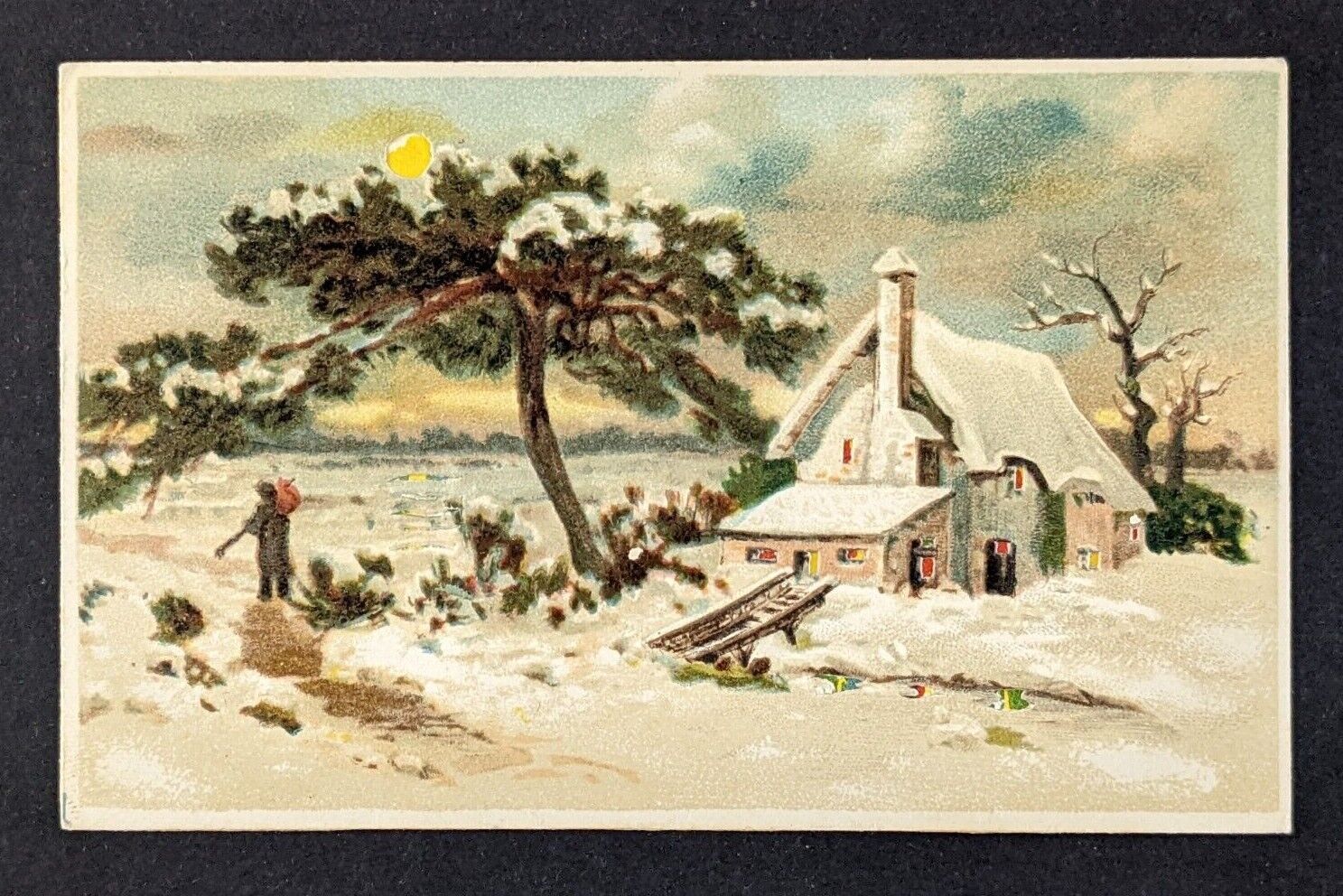 Postcard Vintage Christmas Hold to Light Houses Snow Moon Cottage Man 1907