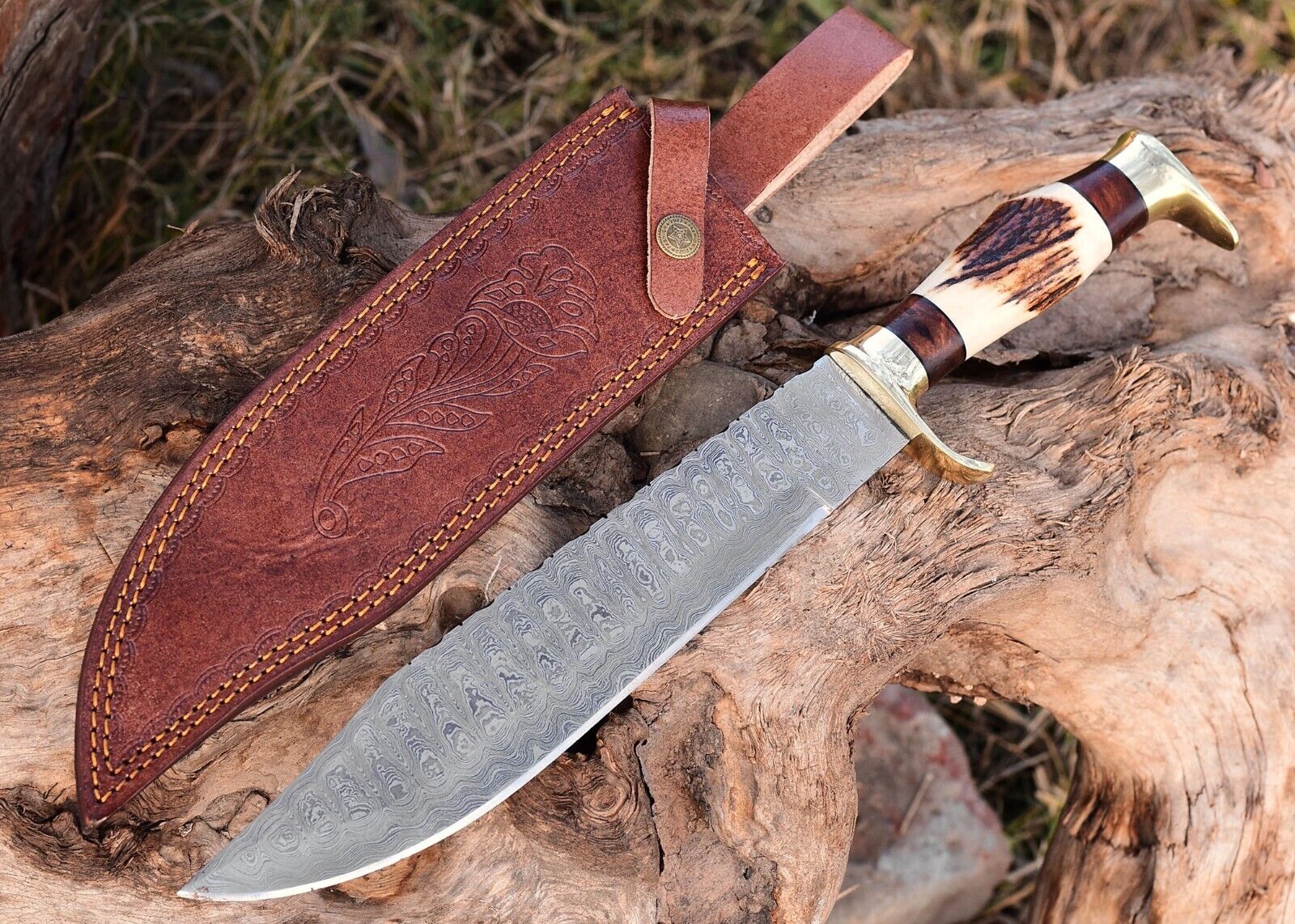 SHARD™CUSTOM HAND FORGED DAMASCUS STEEL HUNTING BOWIE STAG/ANTLER KNIFE W/SHEATH