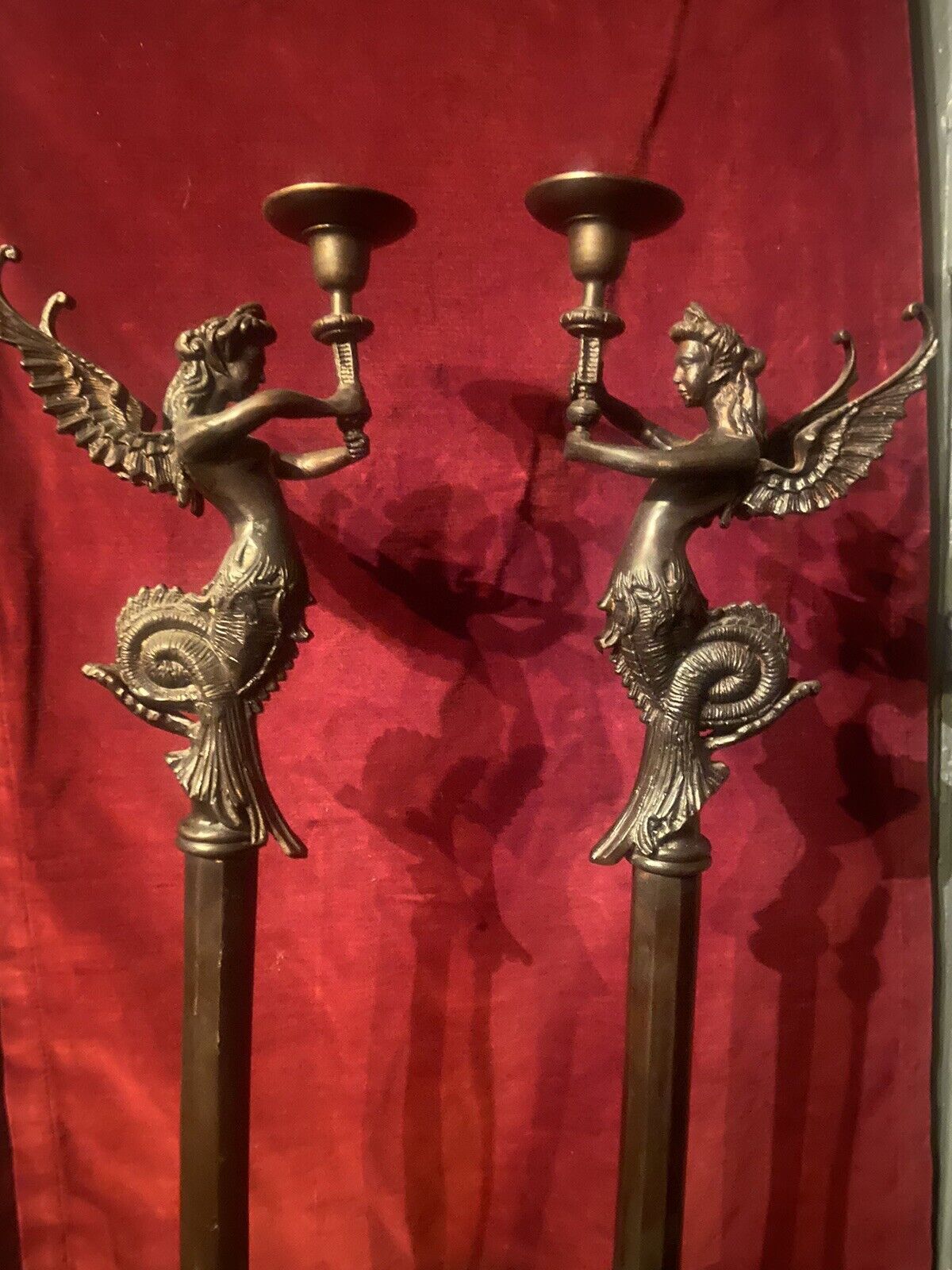 Antique Bronze Pair Candle Holders Mermaids Angels Heavy 24” Tall 