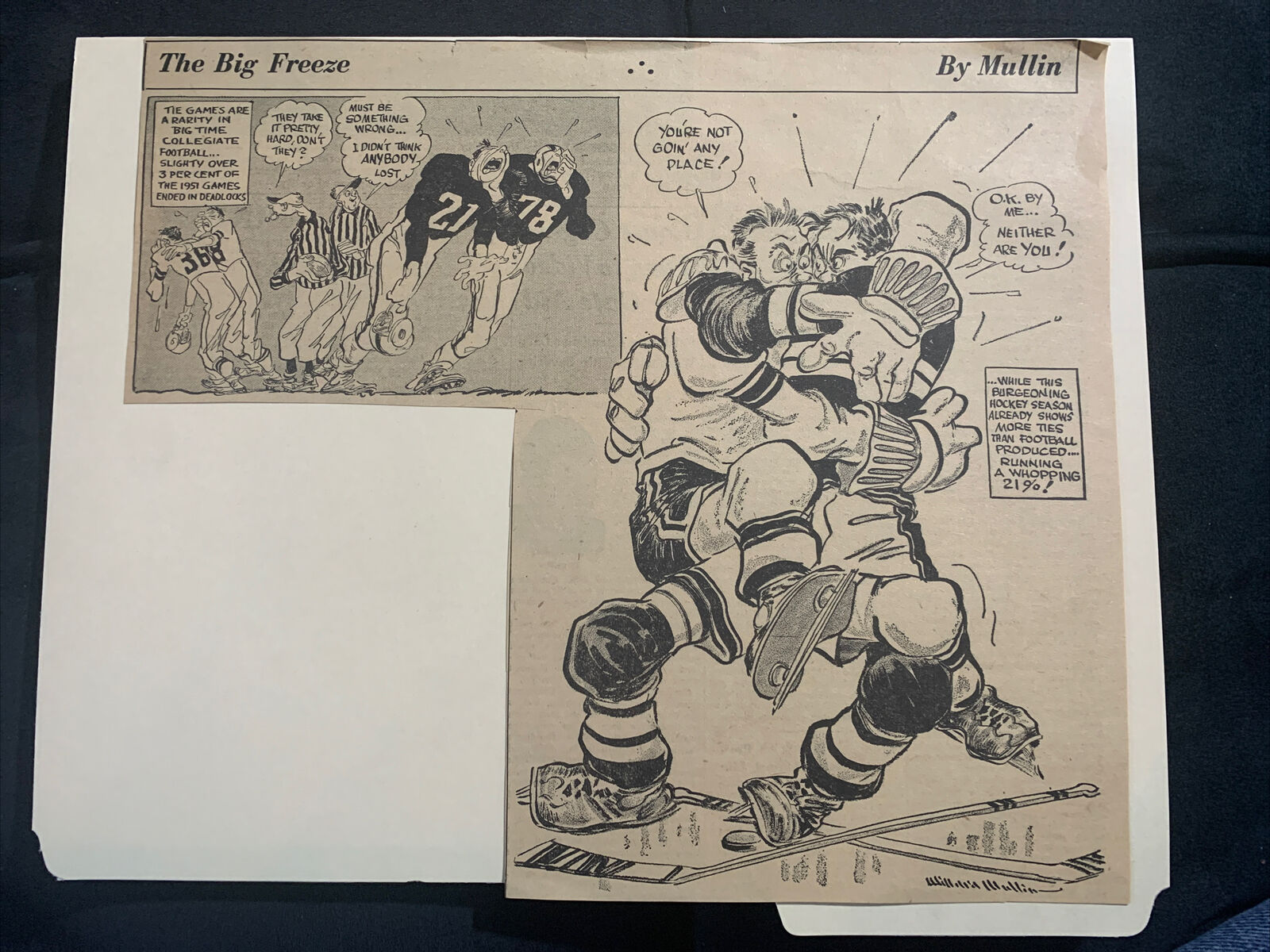 The Big Freeze College Football & NHL Hockey 1951 Sporting News 11X9 Cartoon
