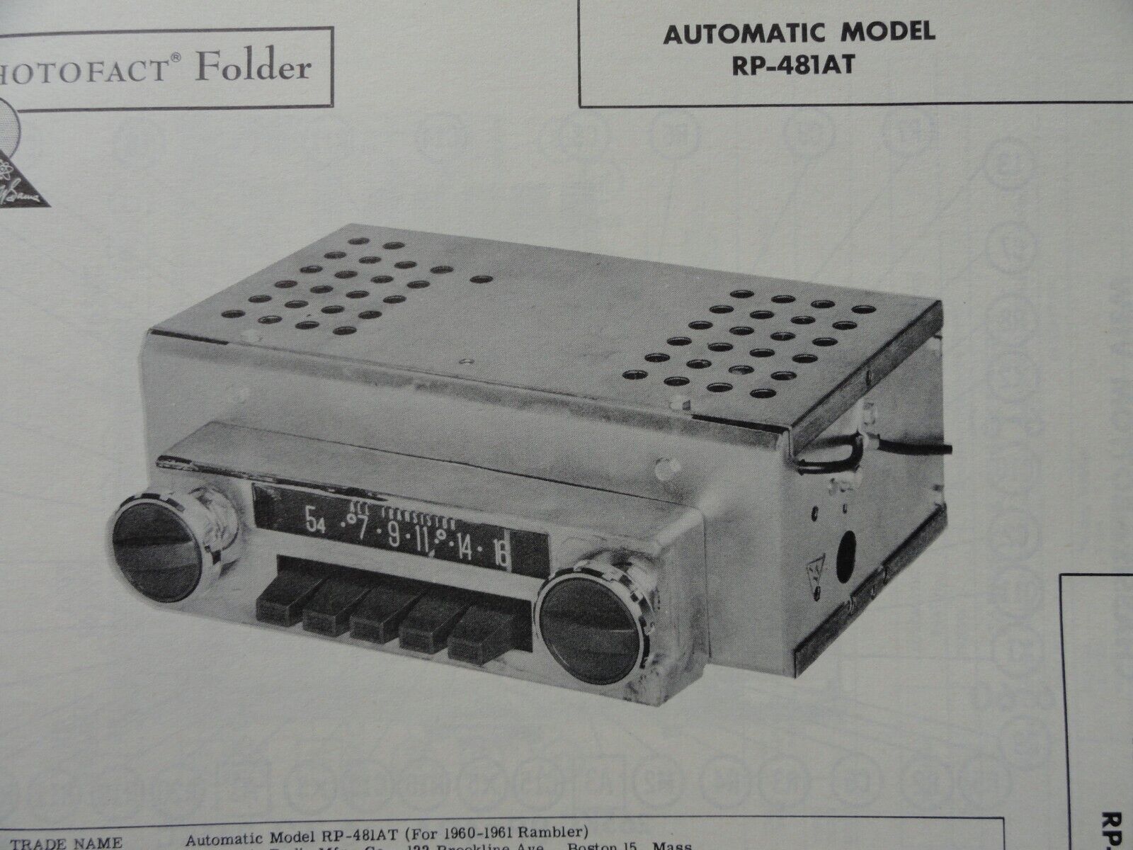 Original Sams Photofact Manual AUTOMATIC MODEL RP-481AT (565)