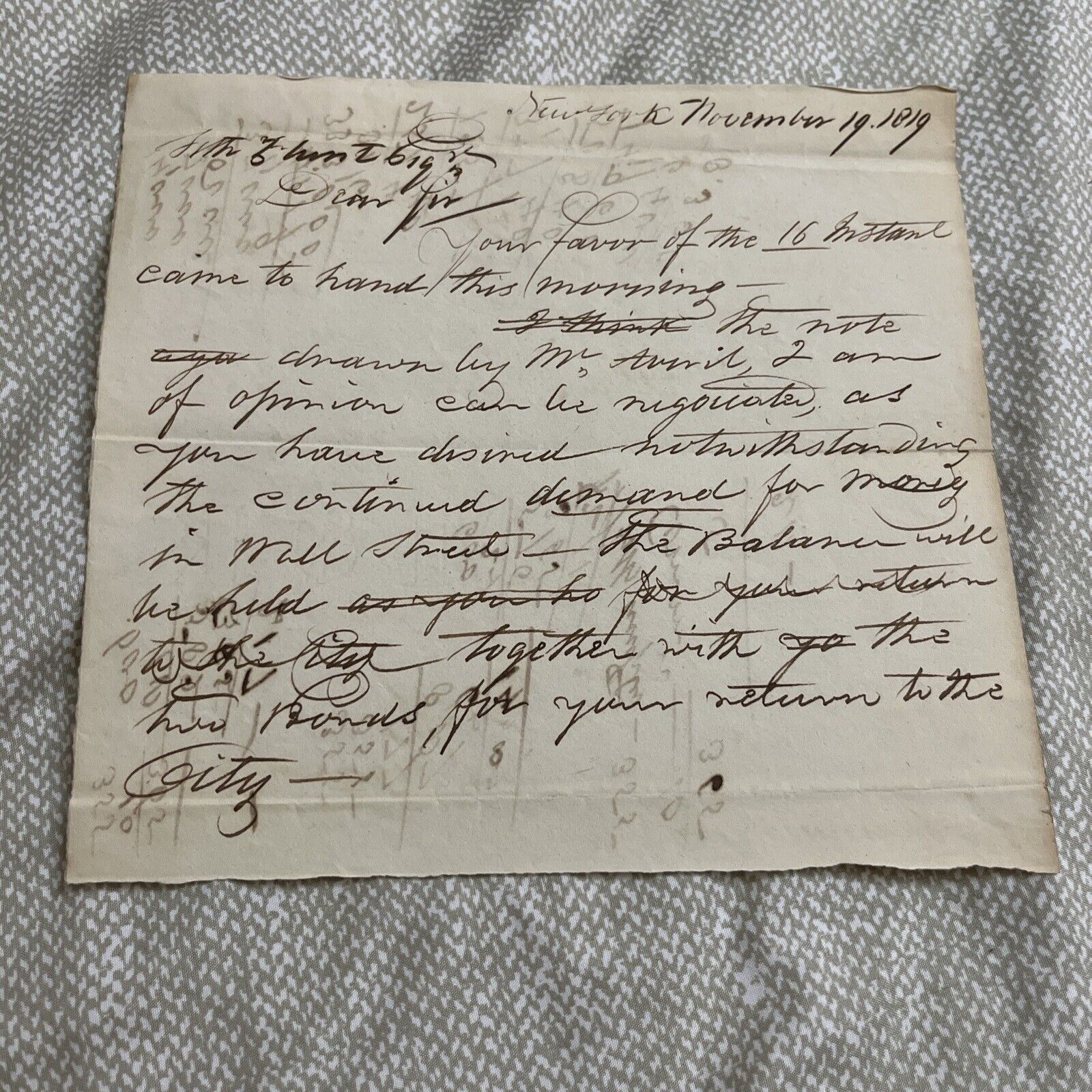 Antique 1819 Contact Document, Mentions “Wall Street” & “Return To The City”