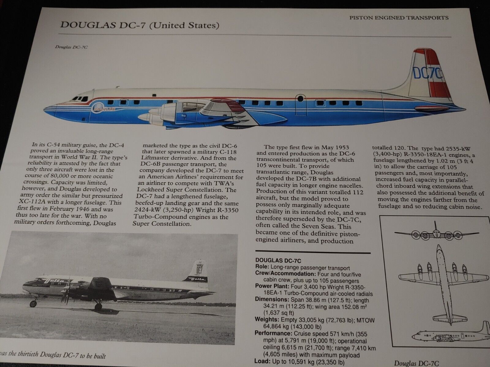 UNIQUE ~ Douglas DC-7 Airplane Aircraft Profile Data Print ~ BEAUTY