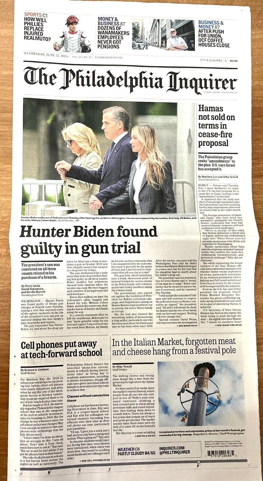 Philadelphia Inquirer Newspaper JUNE 12 2024 Hunter Biden Guilty in Gun Trial