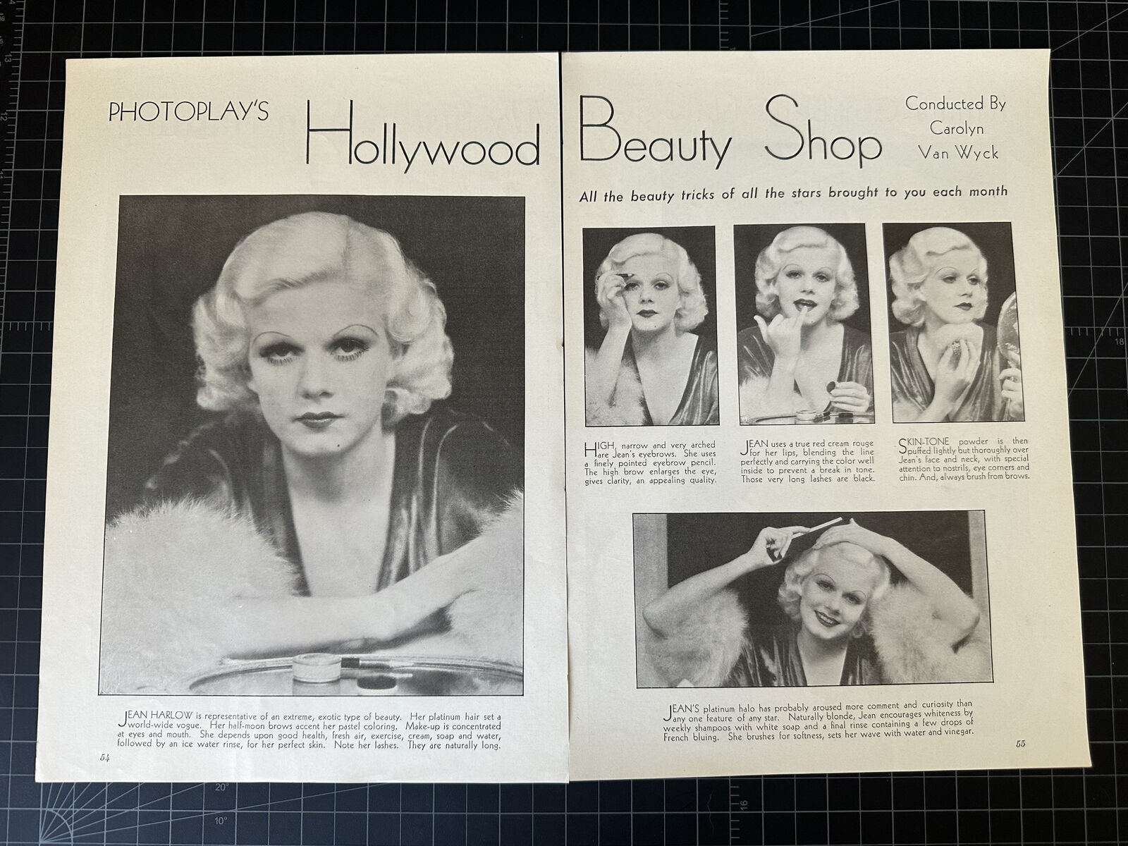 Rare 1930s Jean Harlow Hollywood Beauty Routine 2-Page Article
