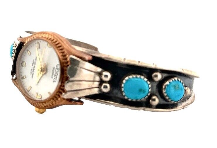 Vintage Helen Long Navajo Jewelry Sterling Silver Turquoise Watch Cuff Bracelet